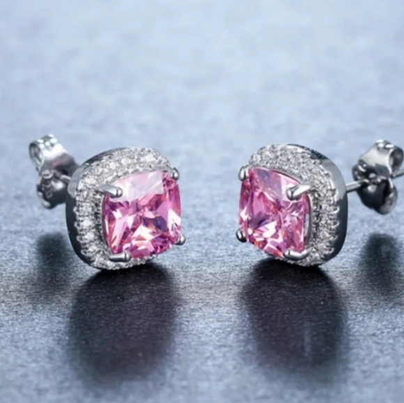 Halo Cushion Cut CZ Elegant Pink and Silver Stud Earrings - Picture 3 of 5
